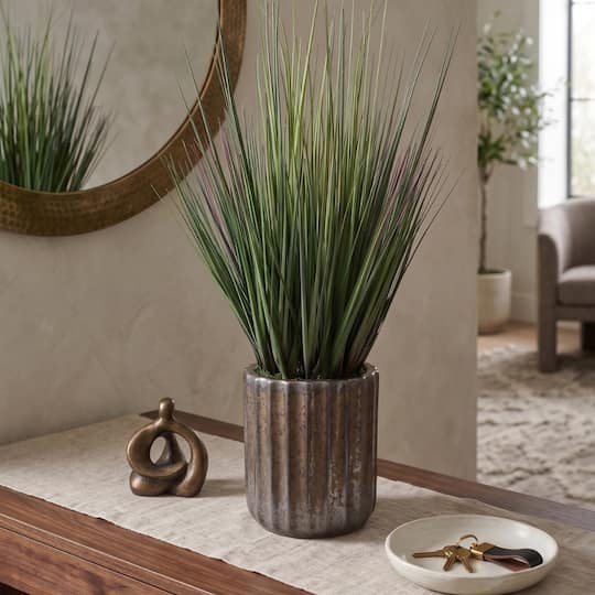House of Silk Flowers 30" Faux Ornamental Onion Grass in Glazed Black Fluted Cylindrical Ceramic Pot